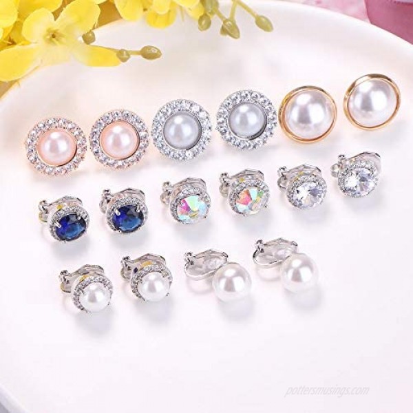 SAILIMUE 8 Pairs Clip Earrings Sets for Women Fashion Cubic Zirconia CZ Crystal Freshwater Pearl Earrings Hypoallergenic Non Pierced Clip on Earrings Jewelry