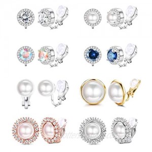 SAILIMUE 8 Pairs Clip Earrings Sets for Women Fashion Cubic Zirconia CZ Crystal Freshwater Pearl Earrings Hypoallergenic Non Pierced Clip on Earrings Jewelry