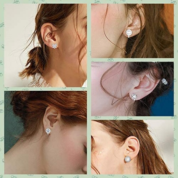 SAILIMUE 8 Pairs Cubic Zirconia Clip on Earrings for Women Non Piercing Silver Faux Pearl CZ Butterfly Earrings Hypoallergenic Non Pierced Clip on Earrings Set