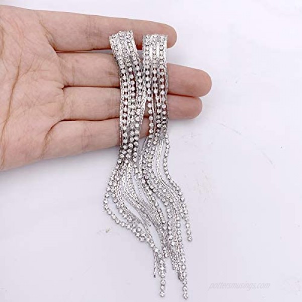 SELOVO Clear Rhinestone Crystal Prong Setting Boho Tassel 5.5 Long Statement Dangle Earrings Pierced/Clip On