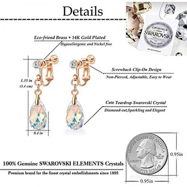 Teardrop Swarovski Crystal Drop Clip On Dangle Earrings for Women Non Pierced 14K Rose Gold Plated Hypoallergenic Jewelry