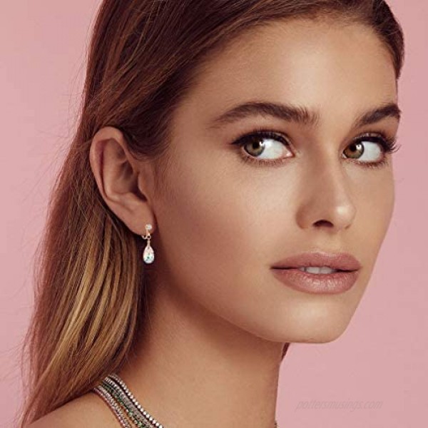 Teardrop Swarovski Crystal Drop Clip On Dangle Earrings for Women Non Pierced 14K Rose Gold Plated Hypoallergenic Jewelry