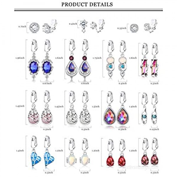 Thunaraz 15 Pairs Teardrop Dangle Clip on Earrings for Women Boho Opal Moonstone Crystal Drop Clip Earrings Sparkly Geometric Round Cubic Zirconia Earrings Non-Pierced Wedding Jewelry Set