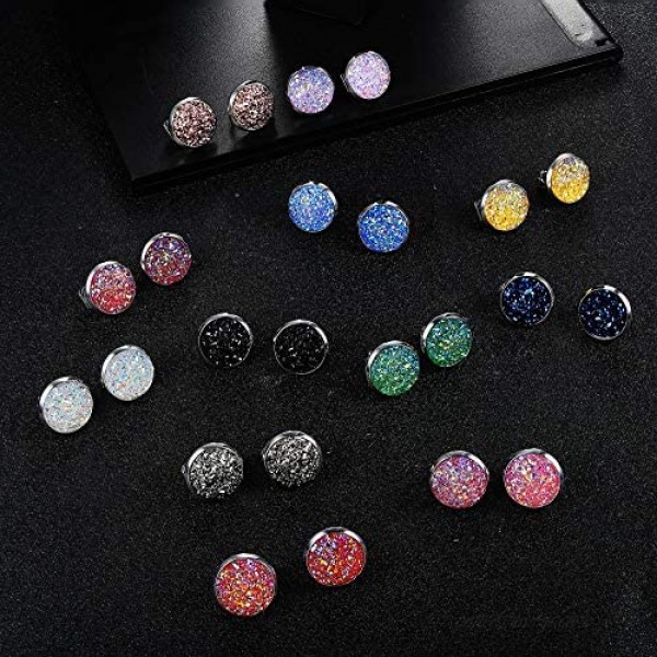 Udalyn 12 Pairs Faux Druzy Clip on Stud Earrings for Women Men Colorful Non Pierced Round Studs Earrings for Sensitive Ears Clip Earrings Set