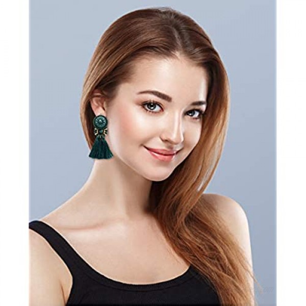 Udalyn 6 Pairs Tassel Earrings for Women Dangle Clip On Earrings Colorful Long Layered Tassel Earrings Statement Tiered Thread Tassel Dangle Earrings Bohemian