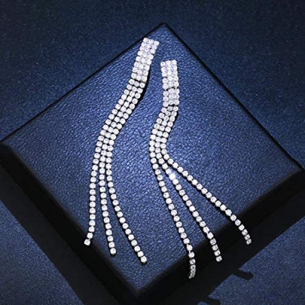 YOQUCOL Cubic Zirconia Crystal Long Drop Dangle Tassel Clip On Earrings CZ Not Pierced For Women Girls