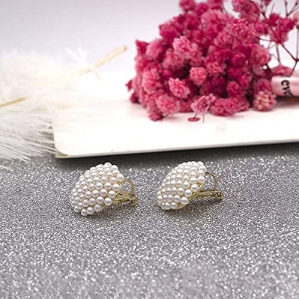 YOQUCOL Simulated Pearl Flower-Cluster Shape Clip On Stud Earrings Non Pierced Ear Earrings for Women Girls