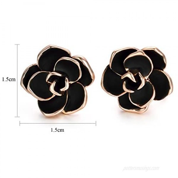 Yoursfs Black Rose Clip on Earrings for Women Flower 18K Gold Plated Non Pierced Ears Black Rose Flower CZ Crystal Clip on Earrings Jewelry