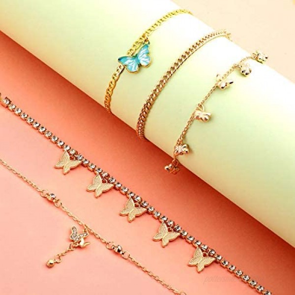 11 Pieces Anklets for Women Cute Charms Butterfly Ankle Bracelets Rhinestone Anklets Boho Beach Layered Chain Anklets for Girls Foot Jewelry