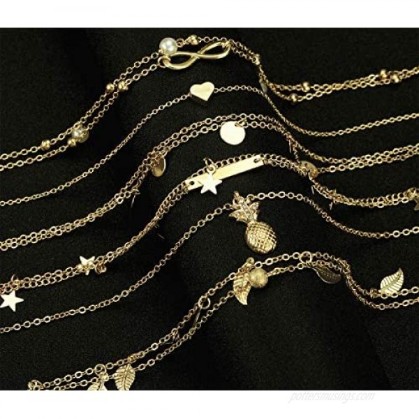 12Pcs Anklets for Women Silver Gold Ankle Bracelets Set Boho Layered Beach Adjustable Chain Anklet Foot Jewelry