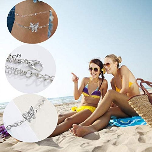 14K Butterfly Silver anklets for Women - Adjustable Layered Women's anklets - Jewelry Anklet Gifts for Women Teen Girls