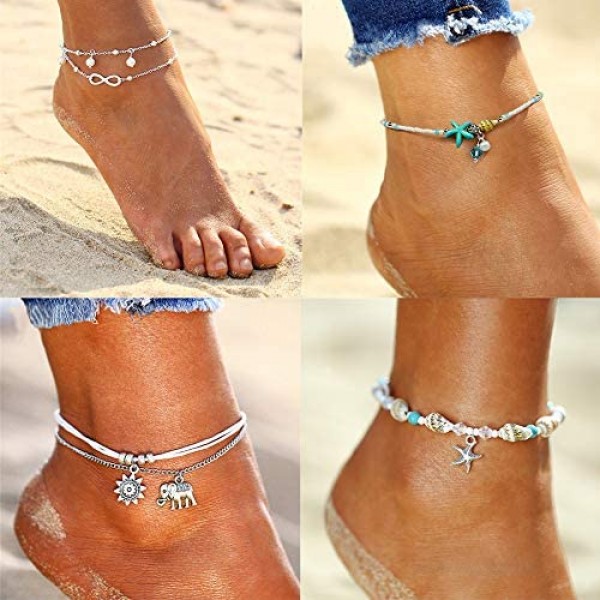 16 PCS Waterproof Ankle Bracelets Set for Women Girls Adjustable Boho Beach Blue Starfish Turtle Butterfly Conch Shell Chain Ankle for Foot Jewelry