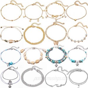 16 PCS Waterproof Ankle Bracelets Set for Women Girls Adjustable Boho Beach Blue Starfish Turtle Butterfly Conch Shell Chain Ankle for Foot Jewelry