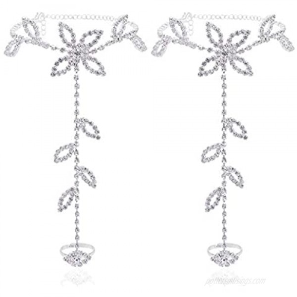 2 Pieces Women's Foot Chain Barefoot Sandals Beach Wedding Jewelry Anklet with Rhinestone Toe Ring
