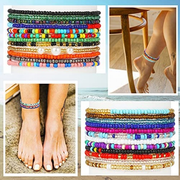 24Pcs Beaded Anklets for Women Handmade Boho Elastic Beaded Ankle Bracelets Set Colorful Anklets for Teen Cute Anklets