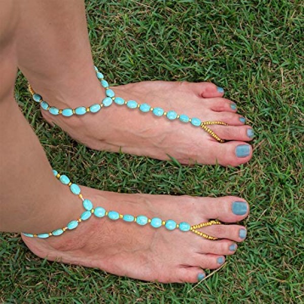 4 Pairs Beach Barefoot Sandals Starfish Pearls Turquoise Beaded Elastic Foot Jewelry for Women Girls