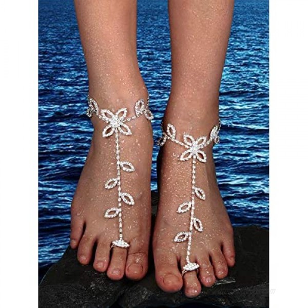 6 Pieces Beach Wedding Anklet Barefoot Sandals Foot Jewelry Rhinestone Foot Anklets Ankle Chain for Christmas