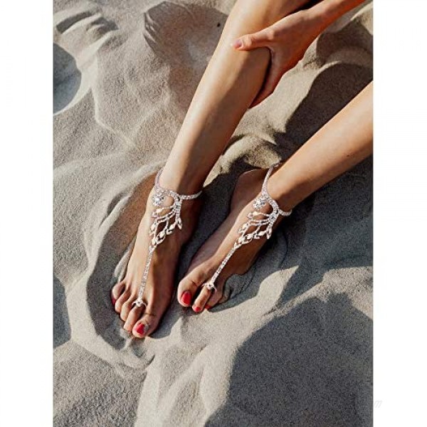 6 Pieces Beach Wedding Anklet Barefoot Sandals Foot Jewelry Rhinestone Foot Anklets Ankle Chain (Rhinestone Faux Pearl Leaf Style)