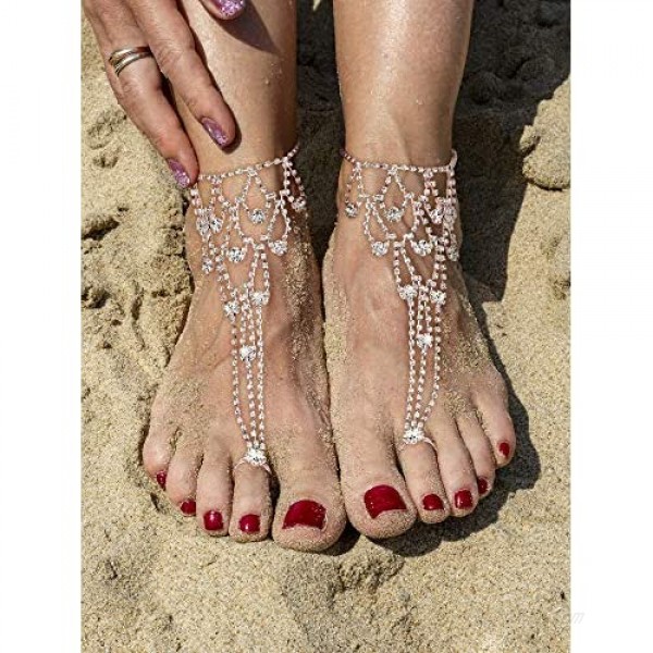 6 Pieces Beach Wedding Anklet Barefoot Sandals Foot Jewelry Rhinestone Foot Anklets Ankle Chain (Rhinestone Faux Pearl Leaf Style)
