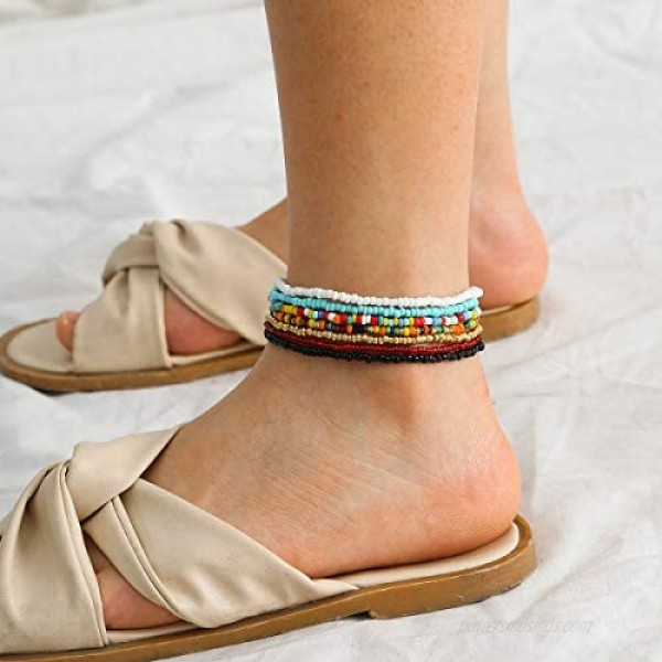 7 Pcs Africa Bead Ankle Bracelet 8 Colorful Red White Black Beads Anklet Beach Foot Jewelry for Women Girls (Multicolor 8.6)