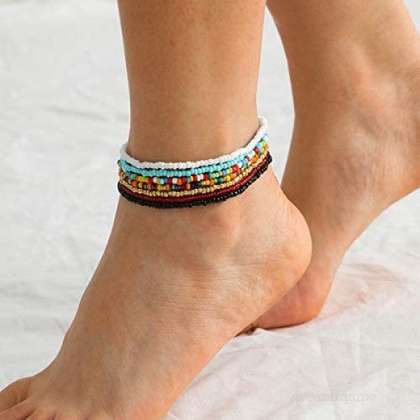 7 Pcs Africa Bead Ankle Bracelet 8 Colorful Red White Black Beads Anklet Beach Foot Jewelry for Women Girls (Multicolor 8.6)