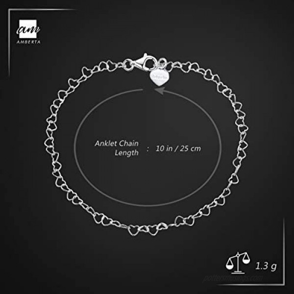 925 Fine Sterling Silver Naturally Adjustable Anklet - 3 mm Heart Chain Ankle Bracelet - up to 10 inch - Flexible Fit