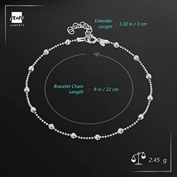 Amberta 925 Sterling Silver Adjustable Anklet - Classic Chain Ankle Bracelets - 9 to 10 inch - Flexible Fit