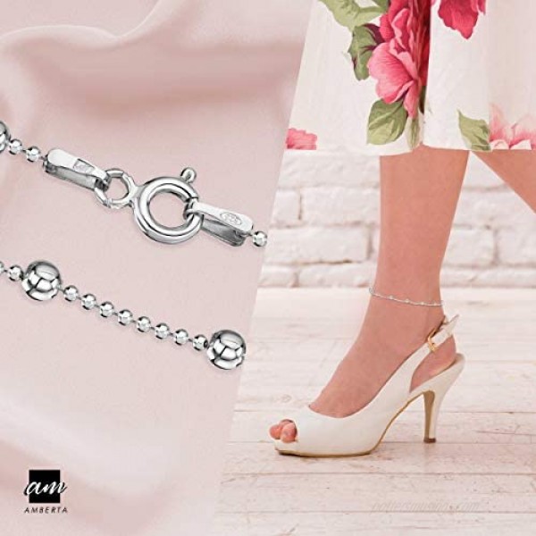 Amberta 925 Sterling Silver Adjustable Anklet - Classic Chain Ankle Bracelets - 9 to 10 inch - Flexible Fit
