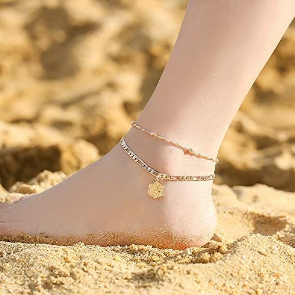 Ankle Bracelets for Women Initial Anklets 14K Gold Filled Figaro Chain Letter Initial Anklets for Women Handmade Layered Ankle Bracelets for Women Personalized Alphabet Ankle Bracelets Foot Jewelry