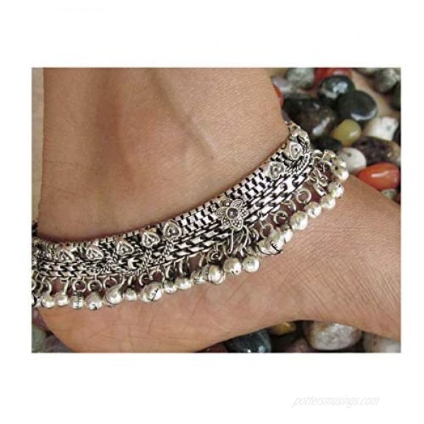 Anklet Bracelet Pair 10 inches Long | Vintage Style Womens Fashion Ankle Feet Jewelry | Boho Beach Wedding Barefoot Sandals | Jingle Bell Charm | Indian Ethnic Payal Oxidized German Silver Anklets