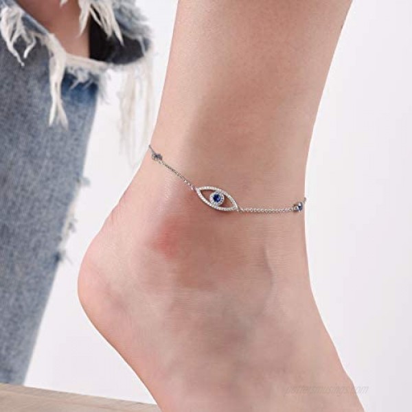 Anklet for Women Girl 925 Sterling Silver Third Blue Evil Eye Protection Charm Adjustable Foot Anklet Bracelet for Women 11 inch