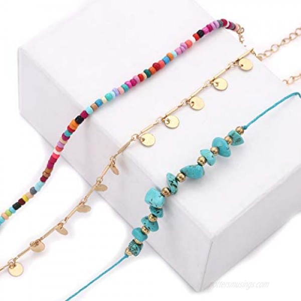 Anklets For Women Girls Color Beads Turquoise Drop Sequin Charm Adjustable Ankle Bracelets Set Boho Multilayer Beach Foot Jewelry