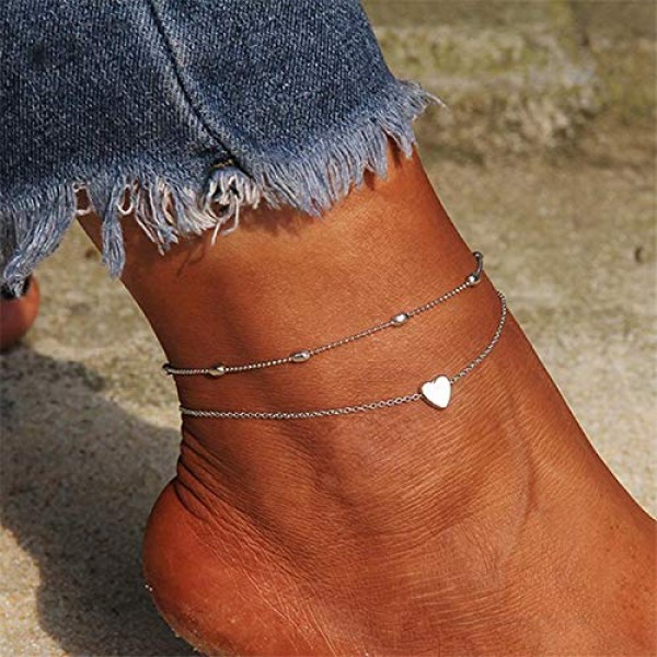 Artmiss Layered Anklets Women Heart Silver Ankle Bracelet Charm Beaded Dainty Foot Jewelry for Women and Teen Girls Summer Barefoot Beach Anklet