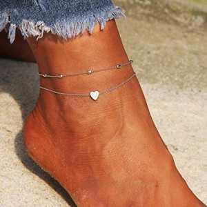 Artmiss Layered Anklets Women Heart Silver Ankle Bracelet Charm Beaded Dainty Foot Jewelry for Women and Teen Girls Summer Barefoot Beach Anklet