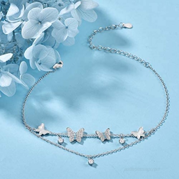 ATTRACTTO Butterfly Anklet for Women 925 Sterling Silver Layered Cross Ankle Bracelet Adjustable Foot Anklets Jewelry Gifts for Women Wife Girls
