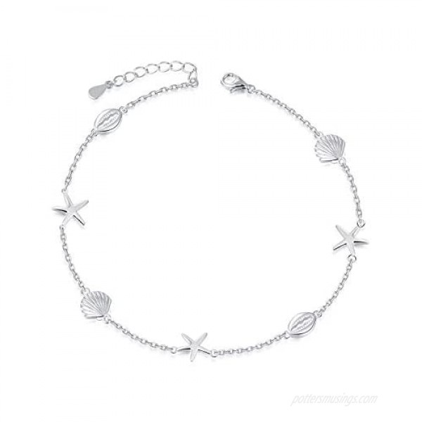 BEILIN 925 Sterling Silver Seabeach Conch Starfish Anklet for Women Girls
