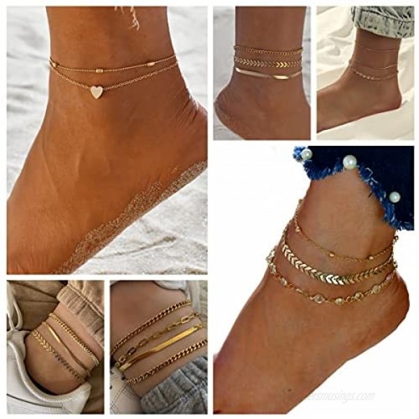 BESTEEL 12Pcs Gold Plated Ankle Bracelet for Women Figaro/Herringbone/Cuban/Paperclip Link Snake Tennis Chain Layered Adjustable Anklet Set Foot Bracelets