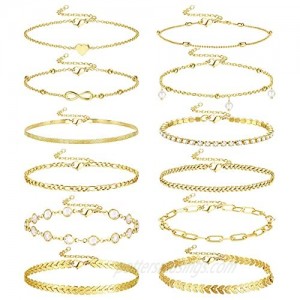 BESTEEL 12Pcs Gold Plated Ankle Bracelet for Women Figaro/Herringbone/Cuban/Paperclip Link Snake Tennis Chain Layered Adjustable Anklet Set Foot Bracelets