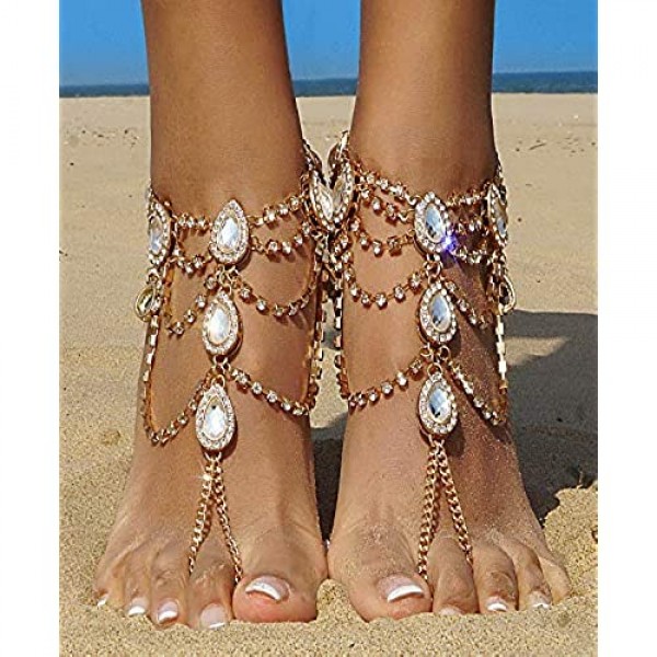 Bienvenu 2Pcs Barefoot Sandals Sparkling Crystal Clear Rhinestone Elegant Design