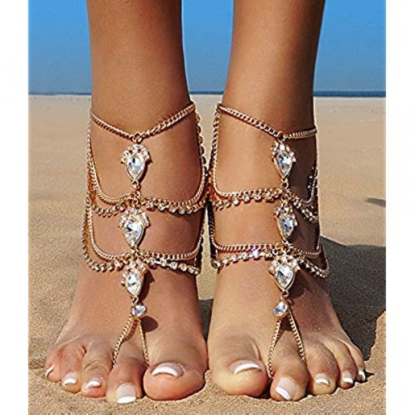 Bienvenu 2pcs Crystal Anklets for Beach Barefoot Sandals Wedding Vacation