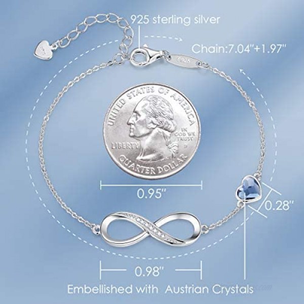 CDE Infinity Heart Symbol Charm Bracelet for Women 925 Sterling Silver Adjustable Mother's Day Jewelry Gift Birthday Gift for Mom Women Wife Girls Her