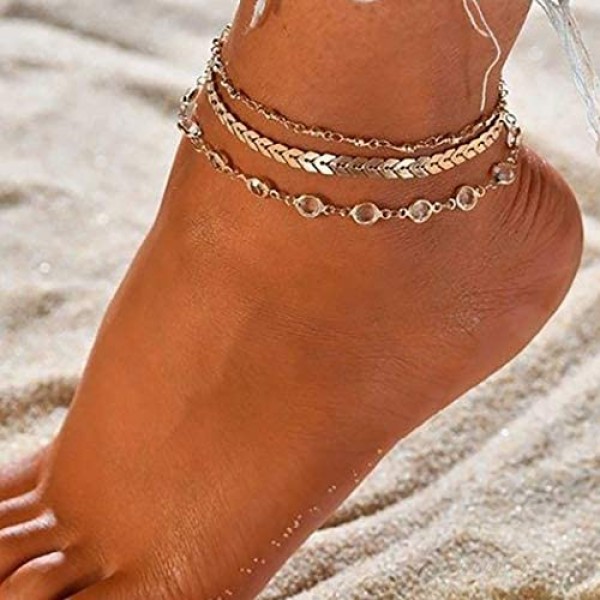 CHESKY 14K Gold Plated Cuban Link Anklets Adjustable Boho Crystal Bead Foot Chain Round Beaded Evil Eye Ankle Bracelet for Women Girls Barefoot Anklets