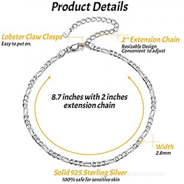 ChicSilver 925 Sterling Silver Ankle Bracelet for Women Simple Durable Cuban Link/Figaro/Twist Rope Chain Anklets for Beach Party(with Gift Box)