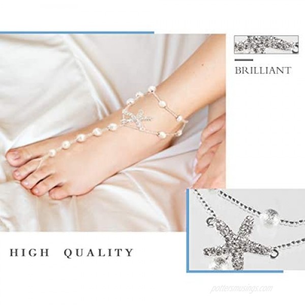 Cosweet 2 Pairs Barefoot Sandals- Beach Anklet Chain with Starfish for Women Lady's Beach Wedding Foot Jewelry Party Accessories