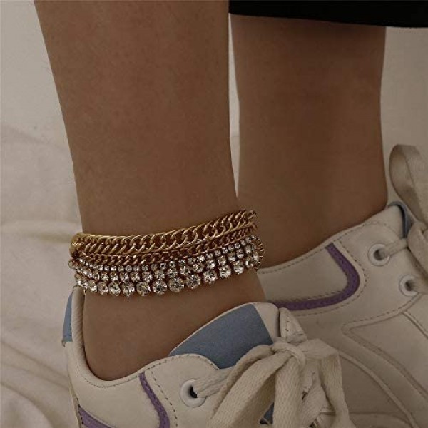Cuban Link Rhinestone Tennis Anklet Set for Women Teen Girls 18K Gold or White Gold Plated Chain Ankle Bracelets for Women with Extension