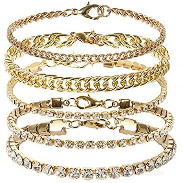 Cuban Link Rhinestone Tennis Anklet Set for Women Teen Girls 18K Gold or White Gold Plated Chain Ankle Bracelets for Women with Extension