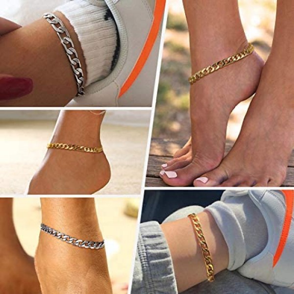 Cuban Link/Figaro/Wheat Chain Anklets for Women Men 8.5+2 Inch Extender Stainless Steel/18K Gold Plated Ankle Bracelets Beach or Party Foot Jewelry