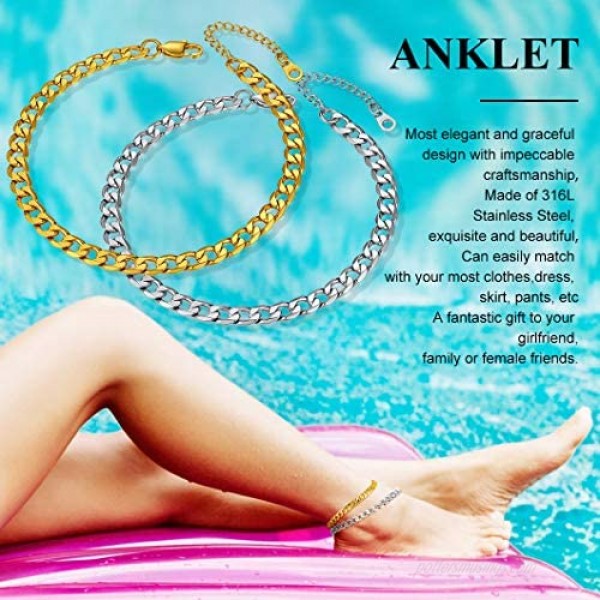 Cuban Link/Figaro/Wheat Chain Anklets for Women Men 8.5+2 Inch Extender Stainless Steel/18K Gold Plated Ankle Bracelets Beach or Party Foot Jewelry