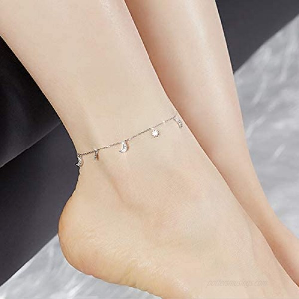 Dainty Star and Moon Anklet 925 Sterling Silver CZ Adjustable Charm Beach Foot Anklets Bracelet for Women Girls