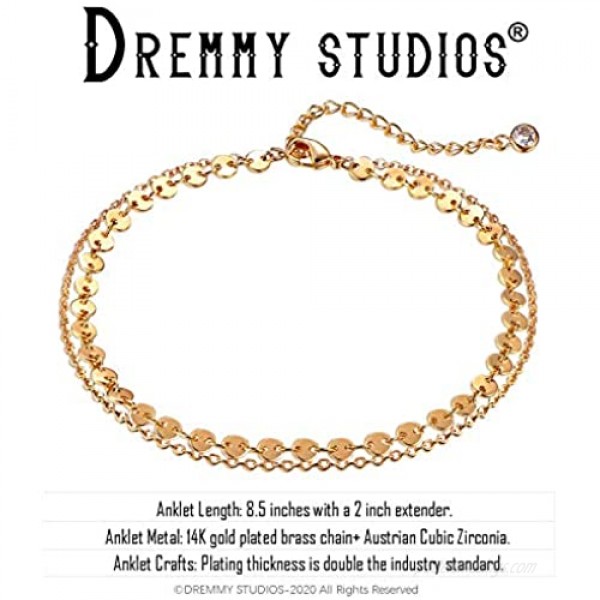 Dremmy Studios Simple Gold Chain Anklet 14k Gold/Silver Plated Dainty Summer Beach Anklets for Women